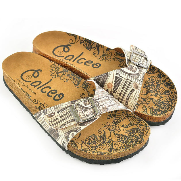  CALCEO Beige and Black Newspaper Patterned Sandal - CAL905 Women Sandal Shoes - Goby Shoes UK