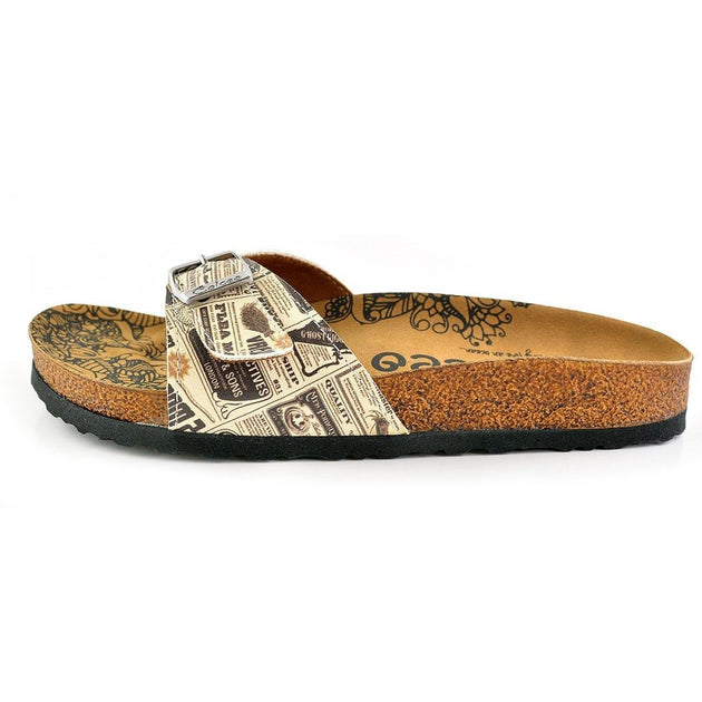  CALCEO Beige and Black Newspaper Patterned Sandal - CAL905 Women Sandal Shoes - Goby Shoes UK