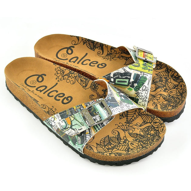  CALCEO Black, Yellow, Green Shaped Abstract Patterned Sandal - CAL907 Women Sandal Shoes - Goby Shoes UK