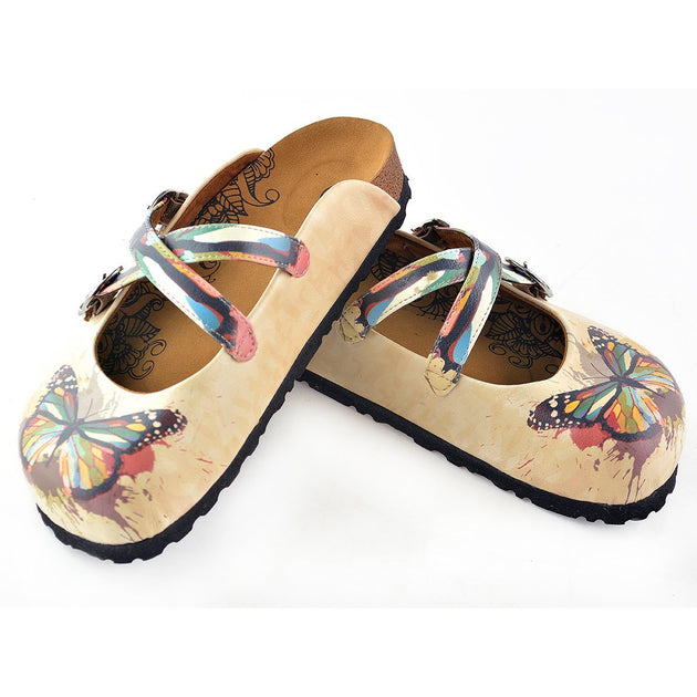  Calceo WCAL119 Tan Rainbow Butterfly Clogs Clogs Shoes - Goby Shoes UK