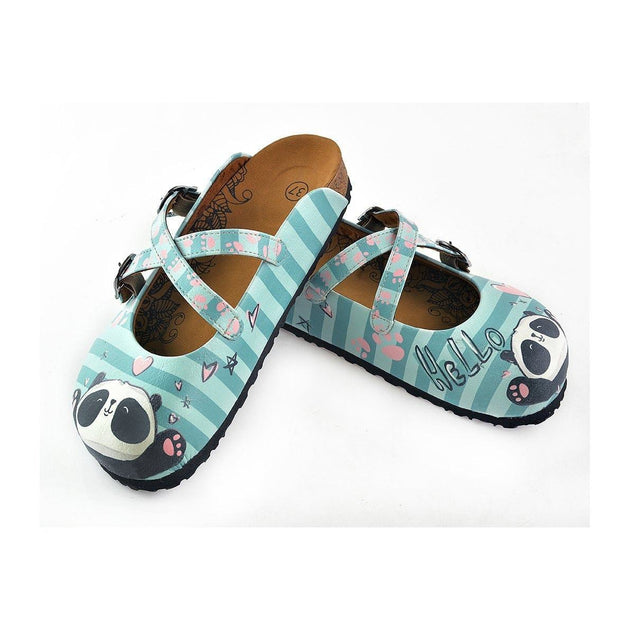  CALCEO Blue and Light Blue Colored Strip, Pin Heart Pattern, Sweet Panda Patterned Clogs - WCAL122 Women Clogs Shoes - Goby Shoes UK