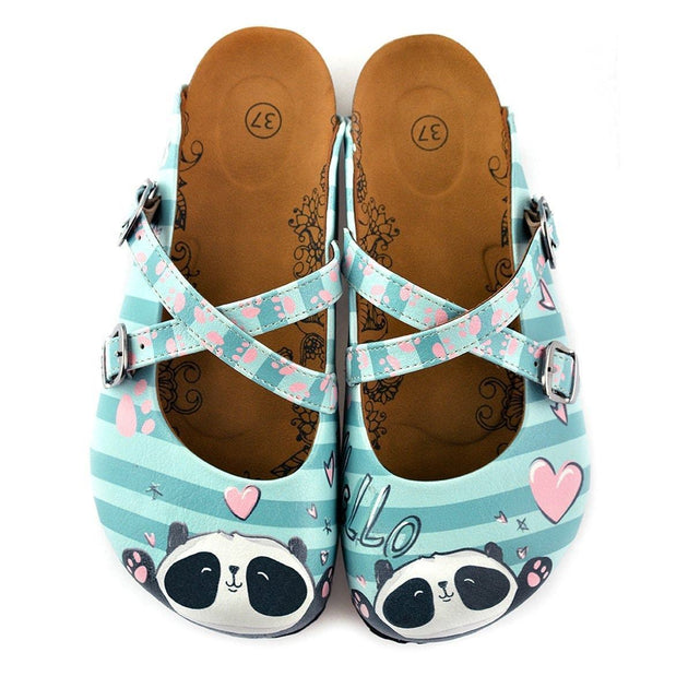  CALCEO Blue and Light Blue Colored Strip, Pin Heart Pattern, Sweet Panda Patterned Clogs - WCAL122 Women Clogs Shoes - Goby Shoes UK