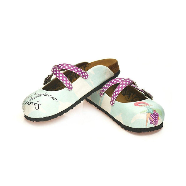  CALCEO Purple and White Colored Polkadot, Bonjour Paris Written, Cute Girl Patterned Clogs - WCAL125 Clogs Shoes - Goby Shoes UK