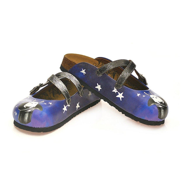  CALCEO Black and White Striped and Navy Blue, White Stars and Rabbit, Black Hat Patterned Clogs - WCAL127 Women Clogs Shoes - Goby Shoes UK