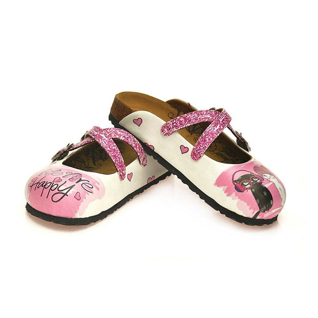  CALCEO Pink and White Colored Silvery, We are Happy Written, Black and White Cat Patterned Clogs - WCAL128 Clogs Shoes - Goby Shoes UK