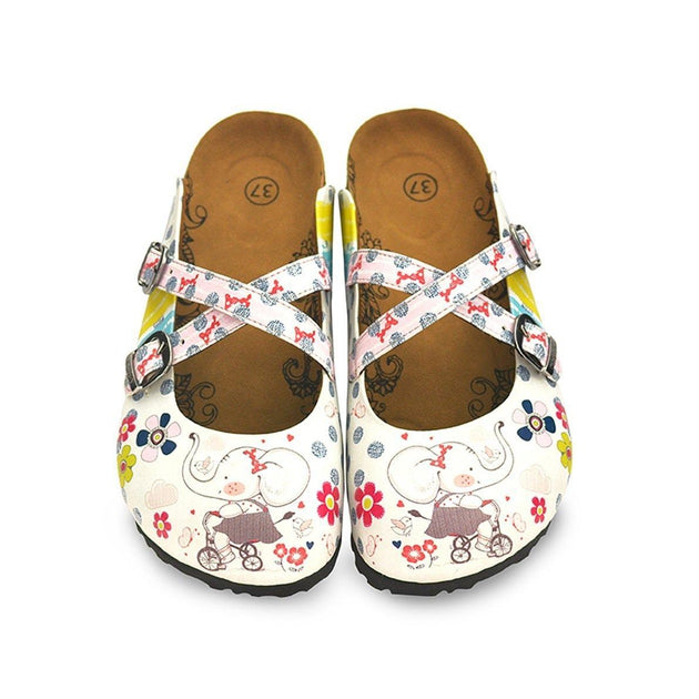  CALCEO Blue and White Colored Flowers, Cute Elephant Patterned Clogs - WCAL131 Women Clogs Shoes - Goby Shoes UK