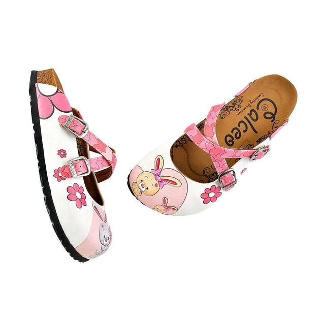  CALCEO Pink Colored Love Patterned, Grey and Orange Cute Rabbit Patterned Clogs - WCAL137 Clogs Shoes - Goby Shoes UK