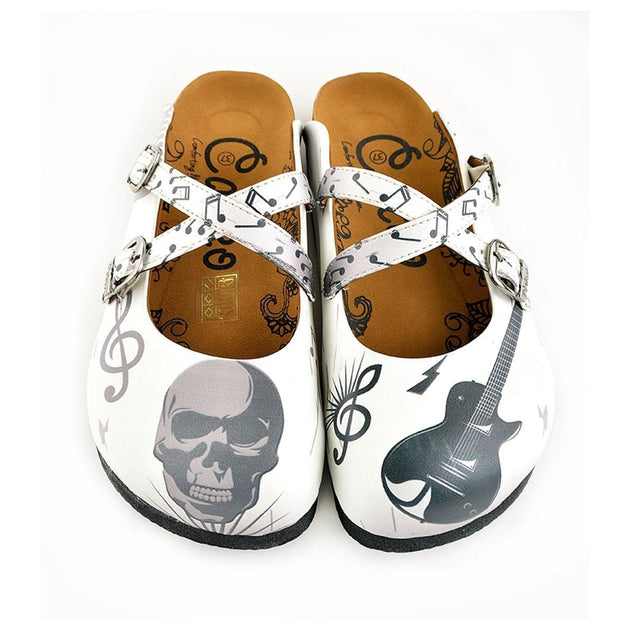 White and Grey Colored Music Notes and Dry Skull Patterned Clogs - WCAL141