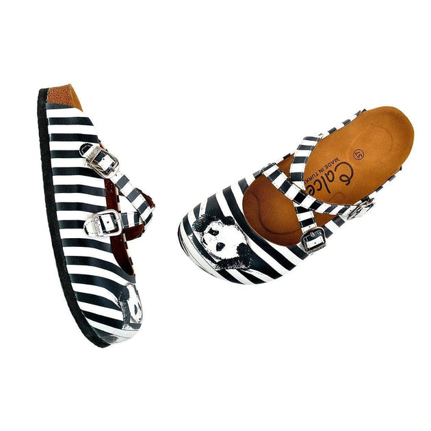  CALCEO Black and White Straight Striped and Navy Blue, White Stars and Rabbit, Black Hat Patterned Clogs - WCAL143 Women Clogs Shoes - Goby Shoes UK