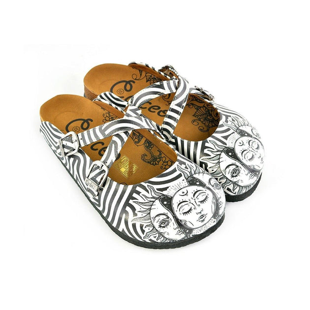  CALCEO Black and White Wavy Straight Striped, Black Sun Crisscross Patterned Clogs - WCAL145 Women Clogs Shoes - Goby Shoes UK