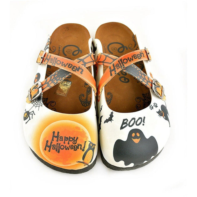  CALCEO Orange and Black Colored and Cute Spider Patterned, Happy Halloween, Patterned Clogs - WCAL150 Clogs Shoes - Goby Shoes UK
