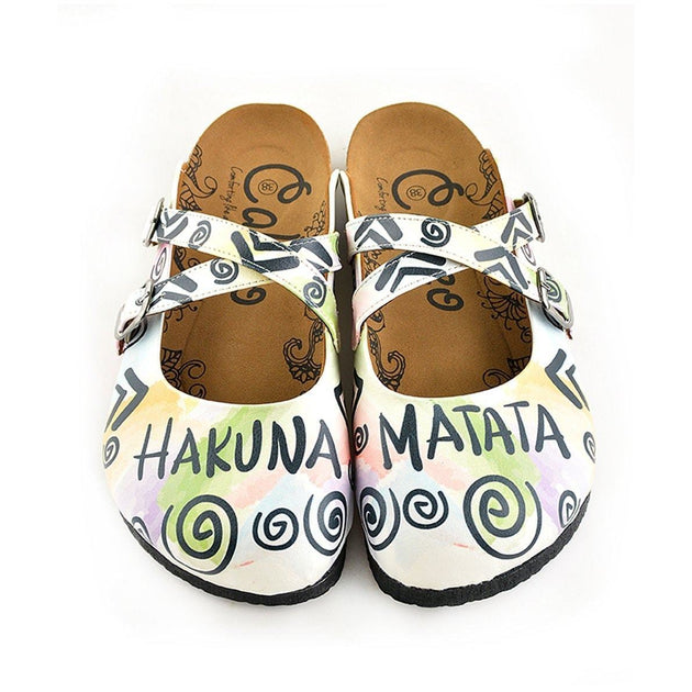  CALCEO Colorful Leafed and Black Triangular Strip and Round Patterned, Hakuna Matata Written Patterned Clogs - WCAL152 Women Clogs Shoes - Goby Shoes UK
