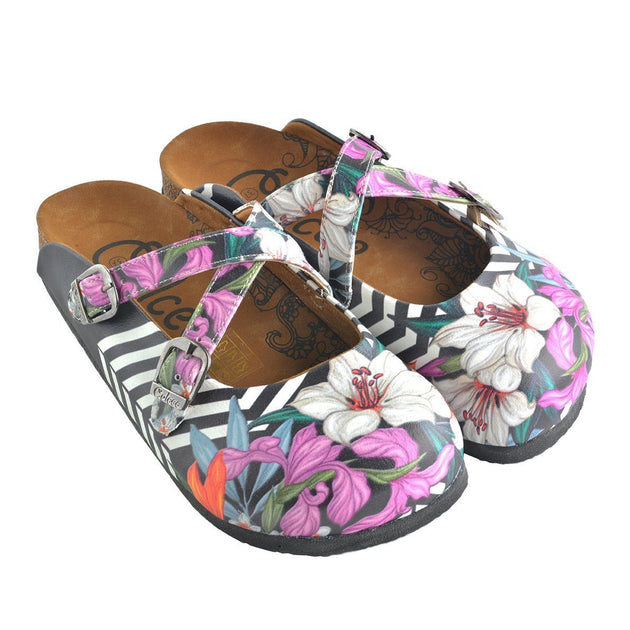  CALCEO Black and White Straight Striped and Colorful Flowers Patterned Clogs - WCAL153 Women Clogs Shoes - Goby Shoes UK