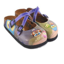  CALCEO Navy Blue and Purple Colored, Cute Bear and Owl Patterned Clogs - WCAL155 Clogs Shoes - Goby Shoes UK