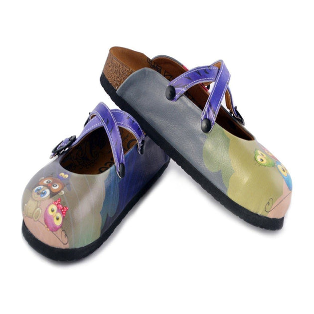  CALCEO Navy Blue and Purple Colored, Cute Bear and Owl Patterned Clogs - WCAL155 Clogs Shoes - Goby Shoes UK
