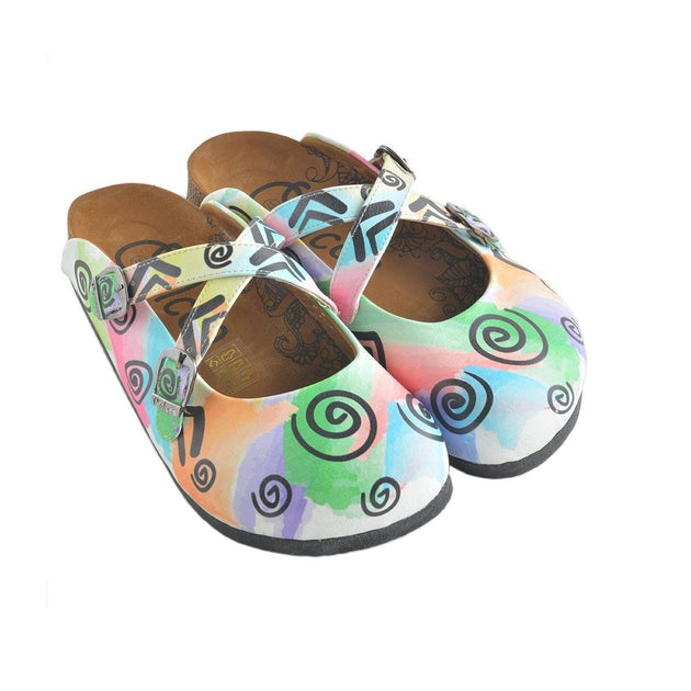  CALCEO Colorful Watercolor Pattern and Black Swril, Triangular Patterned Clogs - WCAL156 Women Clogs Shoes - Goby Shoes UK