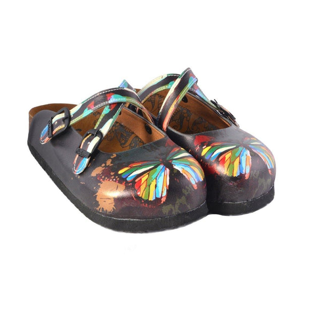  CALCEO Black and Rainbow Colored, Butterfly Patterned Clogs - WCAL158 Women Clogs Shoes - Goby Shoes UK