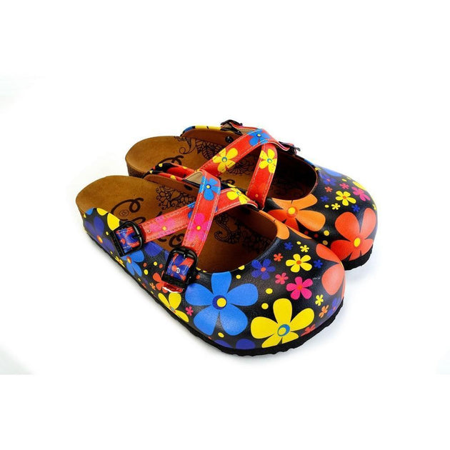  CALCEO Red and Black Colored Flowers Patterned Clogs - WCAL172 Clogs Shoes - Goby Shoes UK