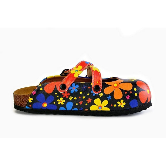  CALCEO Red and Black Colored Flowers Patterned Clogs - WCAL172 Clogs Shoes - Goby Shoes UK