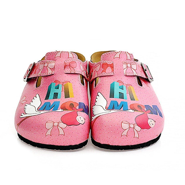  CALCEO Pink and White Pow Pattern, Hi Mom Written Patterned Clogs - WCAL323 Clogs Shoes - Goby Shoes UK