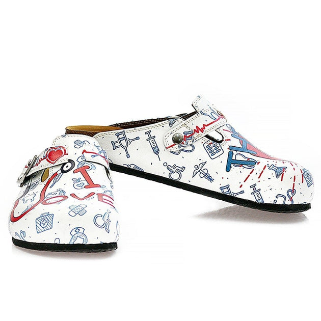  CALCEO Blue, Red and White Colored Doctor Patterned Clogs - WCAL325 Women Clogs Shoes - Goby Shoes UK