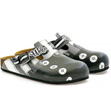  CALCEO Black, Grey, White Straight Striped, Black Button Patterned Clogs - WCAL327 Women Clogs Shoes - Goby Shoes UK