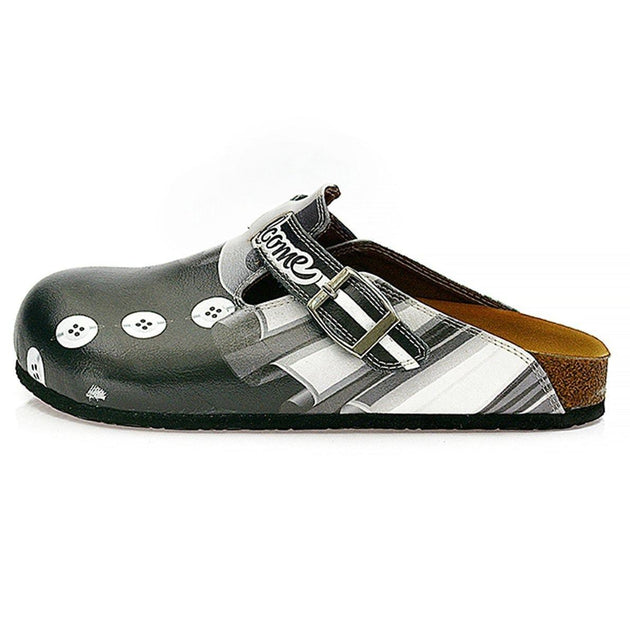  CALCEO Black, Grey, White Straight Striped, Black Button Patterned Clogs - WCAL327 Women Clogs Shoes - Goby Shoes UK