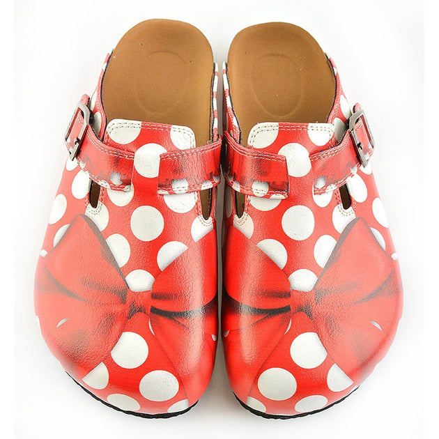  CALCEO Red and White Polkadot, Red Colored Bow Clogs - WCAL328 Clogs Shoes - Goby Shoes UK