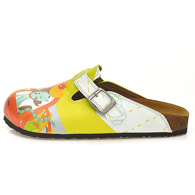 White and Yellow Colored, Cat in the Car and Happy Girl Patterned Clogs - WCAL332