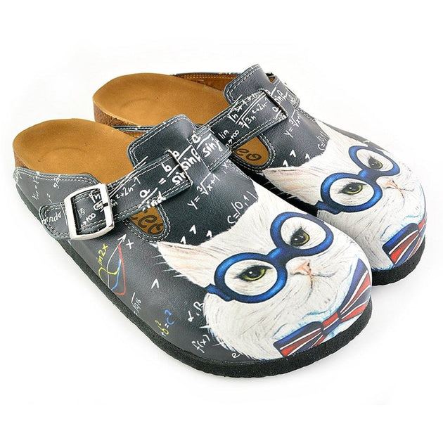  CALCEO Grey Colored and White Glasses Cat Patterned Clogs - WCAL343 Women Clogs Shoes - Goby Shoes UK