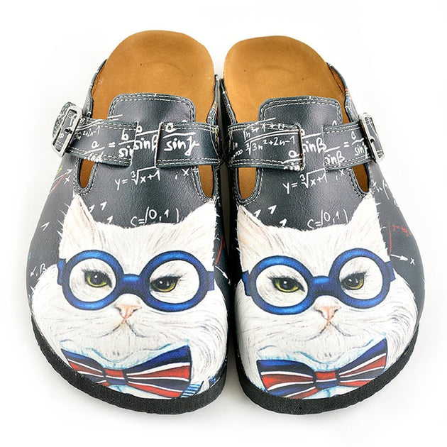  CALCEO Grey Colored and White Glasses Cat Patterned Clogs - WCAL343 Women Clogs Shoes - Goby Shoes UK