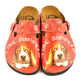  CALCEO Red and White Colored Paw Pattern and Take Suppers Written, Brown Dog Patterned Clogs - WCAL349 Clogs Shoes - Goby Shoes UK
