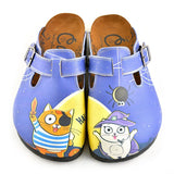  CALCEO Blue Moon Light and Naughty Cat Patterned Clogs - WCAL352 Women Clogs Shoes - Goby Shoes UK