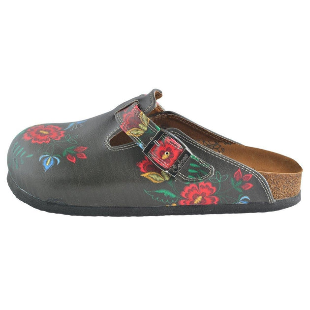 CALCEO Red, Grey, Yellow Colored Flowers Patterned Clogs - WCAL355 Clogs Shoes - Goby Shoes UK