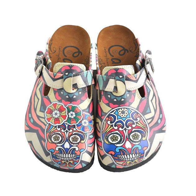  CALCEO Colored Moving, Mixed Striped Pattern and Pink Flowers Dry Skull Patterned Clogs - WCAL356 Women Clogs Shoes - Goby Shoes UK