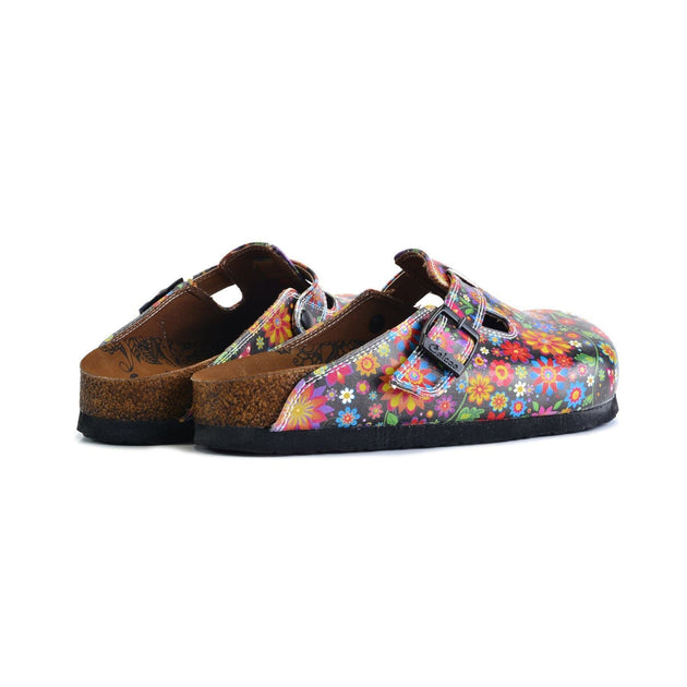  CALCEO Black and Colored Flowers Patterned Clogs - WCAL357 Women Clogs Shoes - Goby Shoes UK