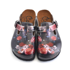  CALCEO Black and White, Red Colored Flowered Patterned Clogs - WCAL358 Women Clogs Shoes - Goby Shoes UK