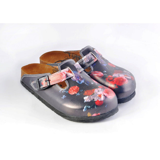  CALCEO Black and White, Red Colored Flowered Patterned Clogs - WCAL358 Women Clogs Shoes - Goby Shoes UK