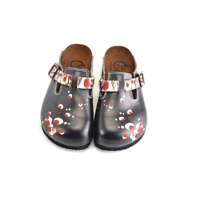  CALCEO Black and White, Red Flowers Patterned Clogs - WCAL359 Women Clogs Shoes - Goby Shoes UK