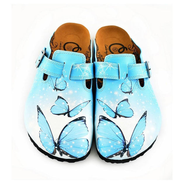  CALCEO Bright Blue Sky and Black Butterflied Patterned Clogs - WCAL361 Women Clogs Shoes - Goby Shoes UK