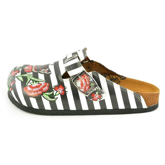  CALCEO Black and White Straight Striped, Black Butterfly and Red Flowers Patterned Clogs - WCAL363 Women Clogs Shoes - Goby Shoes UK