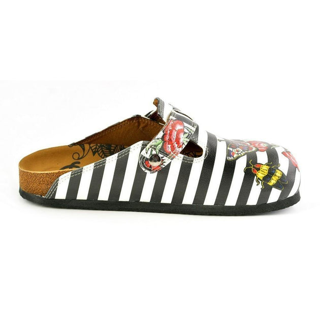  CALCEO Black and White Straight Striped, Black Butterfly and Red Flowers Patterned Clogs - WCAL363 Women Clogs Shoes - Goby Shoes UK