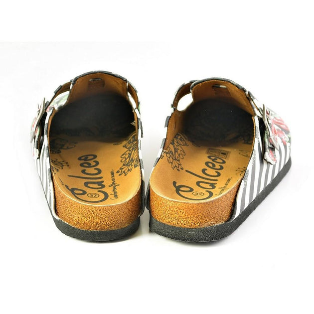  CALCEO Black and White Straight Striped, Black Butterfly and Red Flowers Patterned Clogs - WCAL363 Women Clogs Shoes - Goby Shoes UK