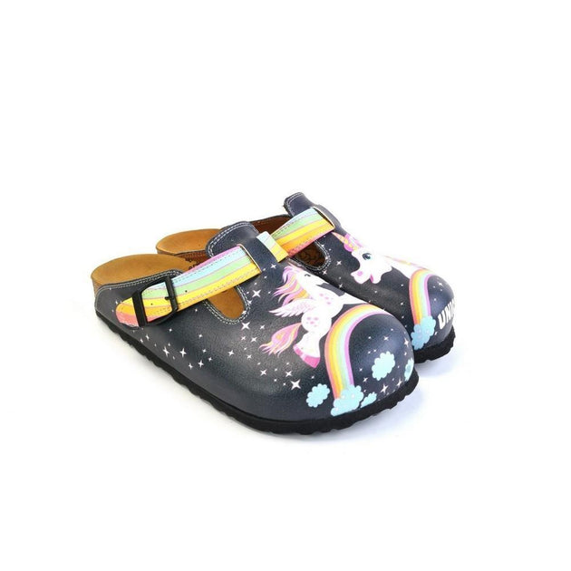  CALCEO Black Colored and Rainbow, Running Unicorn Patterned Clogs - WCAL364 Women Clogs Shoes - Goby Shoes UK