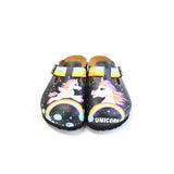  CALCEO Black Colored and Rainbow, Running Unicorn Patterned Clogs - WCAL364 Women Clogs Shoes - Goby Shoes UK