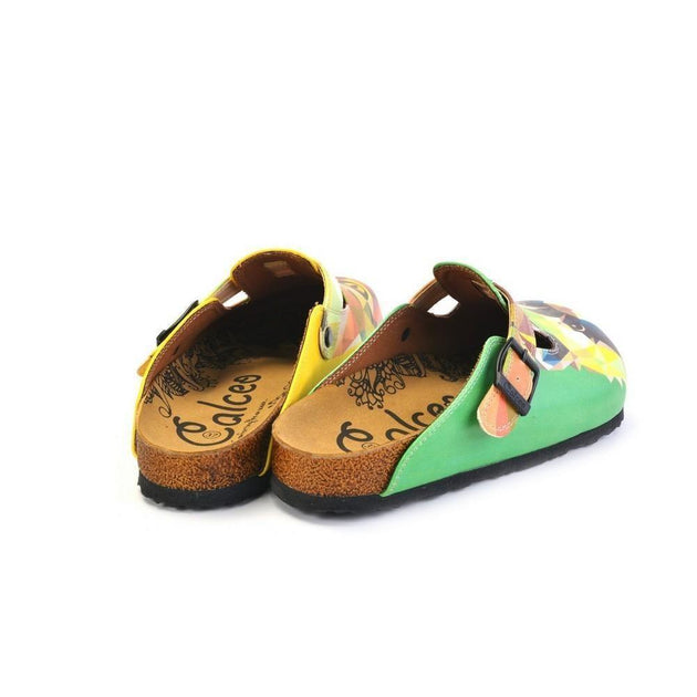  CALCEO Green and Yellow Colored, Polygon Patterned Dog and Cat Patterned Clogs - WCAL366 Women Clogs Shoes - Goby Shoes UK