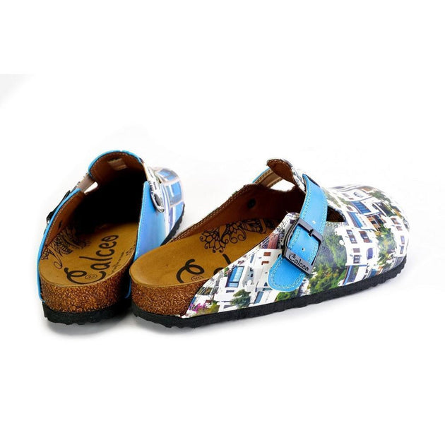  CALCEO Blue and White Colored, Home Patterned Clogs - WCAL367 Women Clogs Shoes - Goby Shoes UK