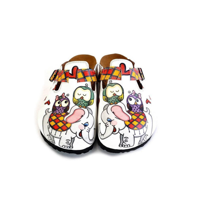  CALCEO Red and Yellow Square Patterned, Sleeping Owl and Grey Elephant Patterned Clogs - WCAL370 Clogs Shoes - Goby Shoes UK
