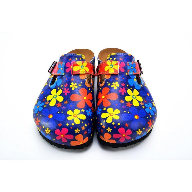  CALCEO Blue Colored and Colorful Flowers Patterned Clogs - WCAL371 Women Clogs Shoes - Goby Shoes UK