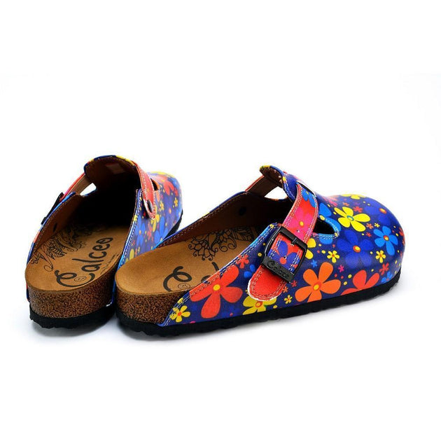  CALCEO Blue Colored and Colorful Flowers Patterned Clogs - WCAL371 Women Clogs Shoes - Goby Shoes UK